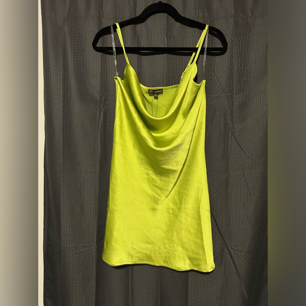 NEW Shinestar Lime Greenish Yellow Cowl Mini Dress Adjustable Straps Women’s Med